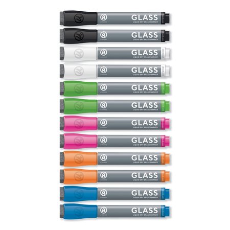 U Brands Bullet Tip Low-Odor Liquid Glass Markers with Erasers, Assorted, PK12 2913U00-12